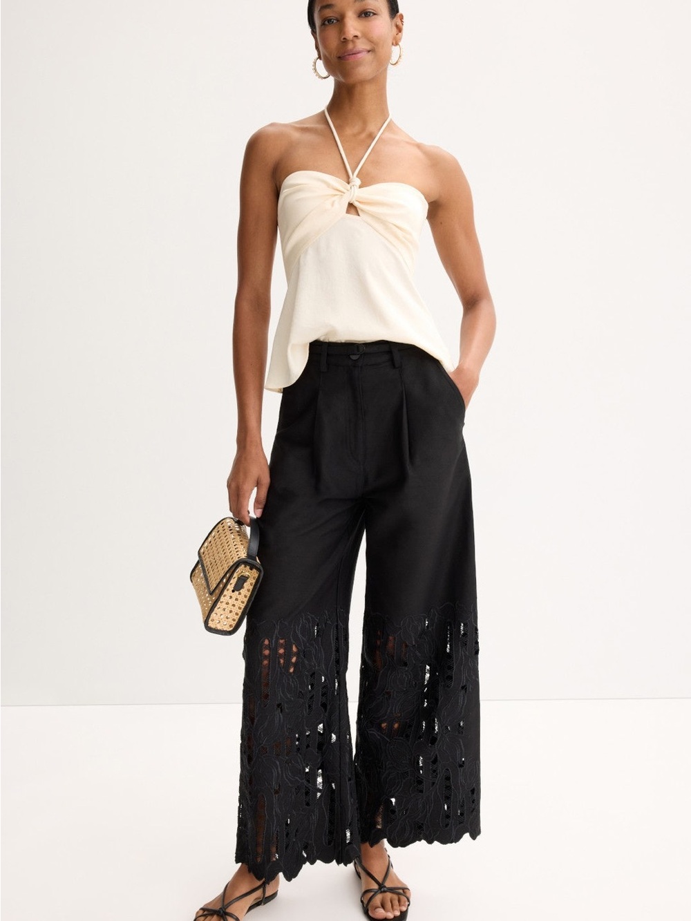 Sabina Musayev Bender Black Wide-Leg Pants with Lace Cutout Hem